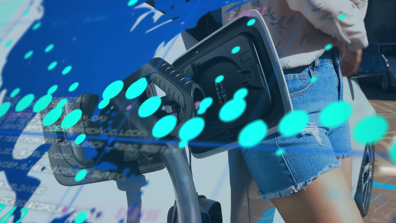 Female driver connecting EV connector at outdoor station, showcasing floating tech data visuals