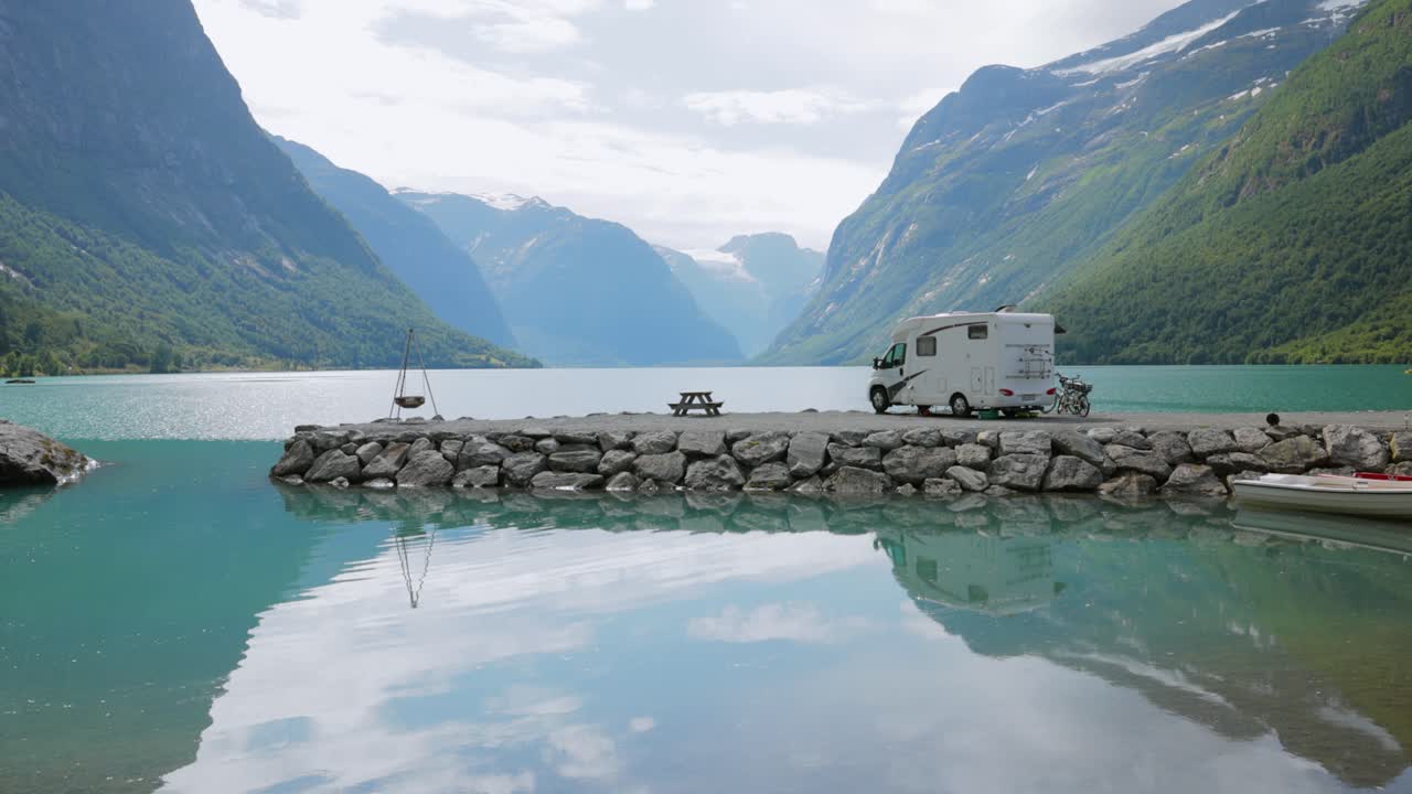 Family vacation travel RV, holiday trip in motorhome. Beautiful Nature Norway natural landscape