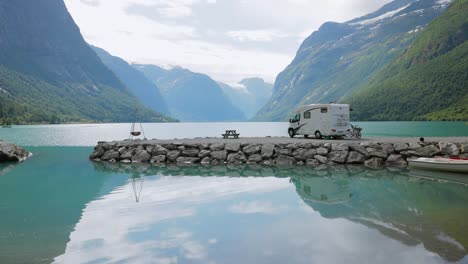 family vacation travel rv, holiday trip in motorhome. beautiful nature norway natural landscape