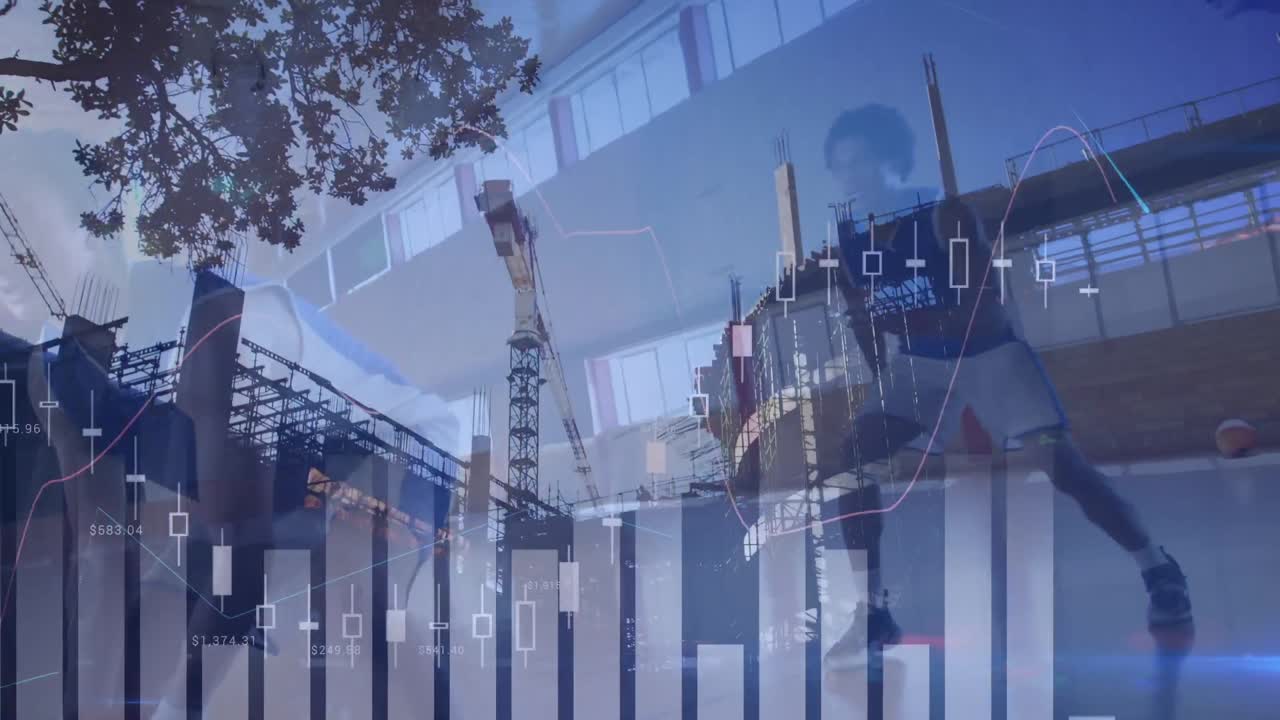 다양한 농구 선수와 도시 풍경에 대한 금융 데이터 처리 애니메이션