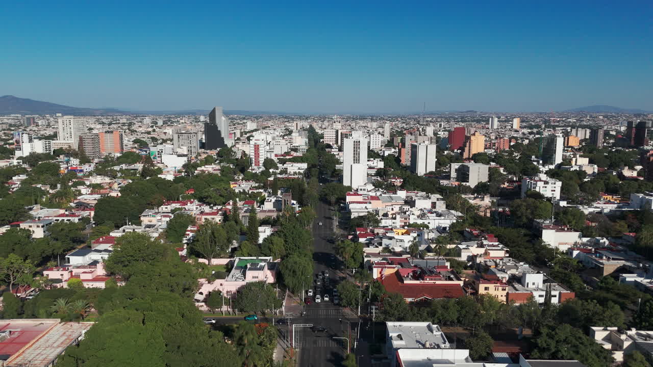Drone view of the Vallarta Avenue, facing west to east in Guadalajara, Jalisco, Mexico