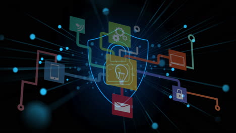 animation of digital security icons and network connections illustrating cybersecurity