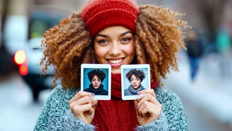 a woman holding two polaroids of herself in the snow