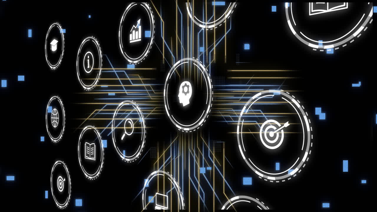 Icons representing various concepts and data processing animation over dark background