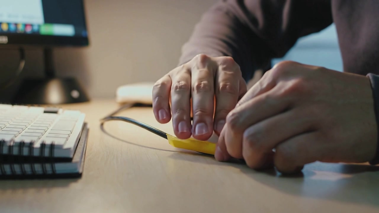 Picking up dark-sleeved hands with band aligning yellow strip around black cable at desk, securing