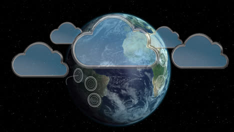 múltiples nubes iconos flotando contra círculos pulsantes sobre el globo giratorio en fondo negro