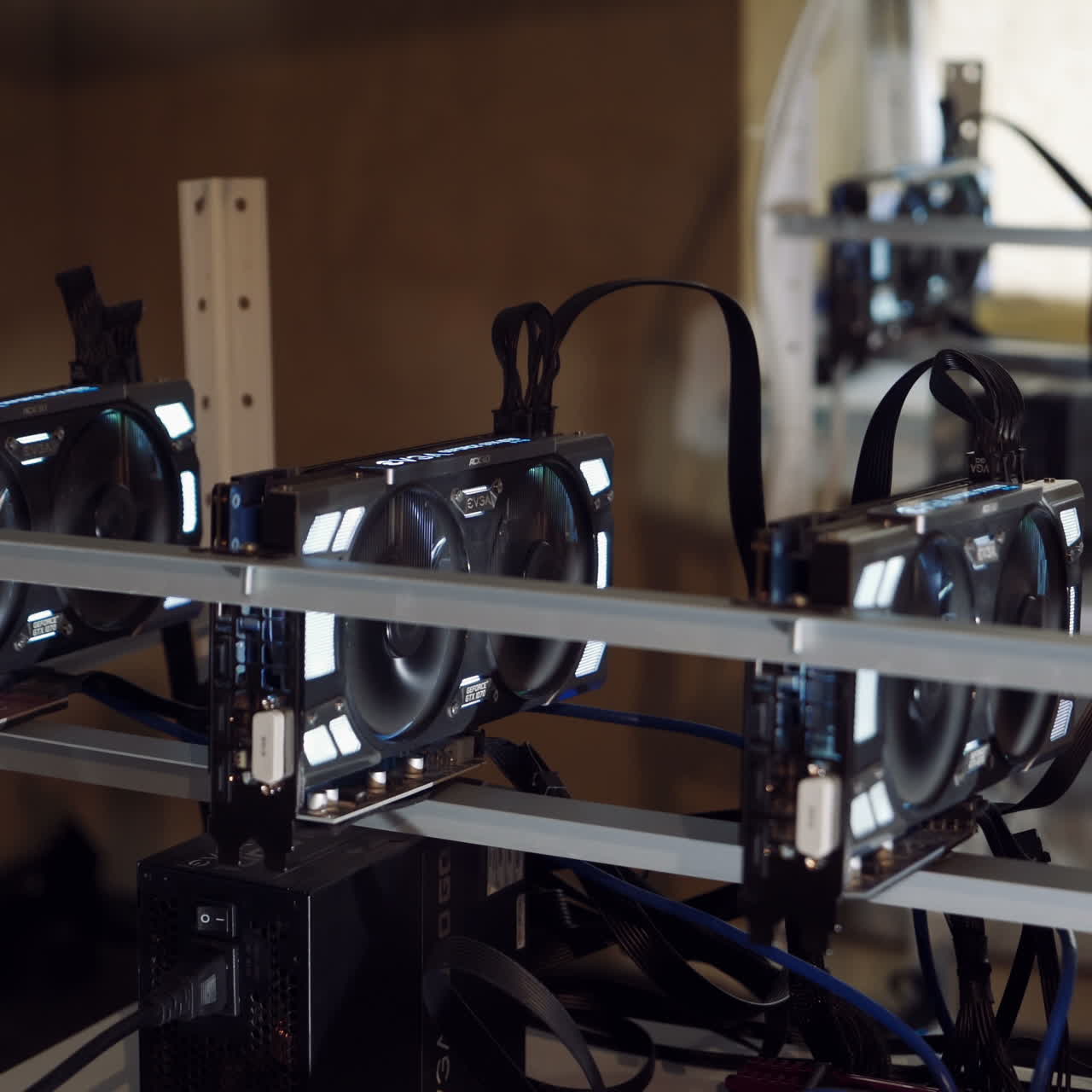 Virtual cryptocurrency concept. Farm for mining cryptocurrency on video cards. Bitcoin.