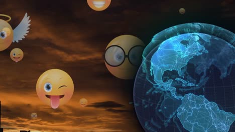 Drehender-Globus-Und-Mehrere-Gesichts-Emoji-Symbole,-Die-Vor-Dem-Sonnenuntergangshimmel-Im-Hintergrund-Schweben