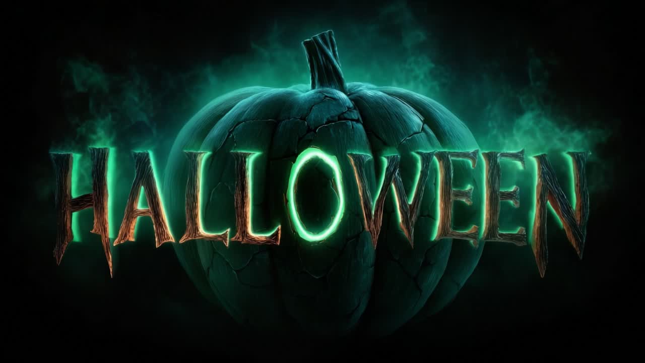 Creepy dark pumpkin background with glowing green Halloween text and eerie smoke, creating a scary and mysterious atmosphere perfect for a horror themed celebration on a dark night