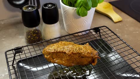 Seasoned Roasted Roast Beef On Cooling Rack On Kitchen Counter, BBQ Gastronomy