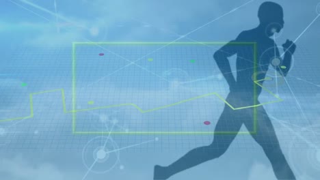 Animation-of-abstract-computer-icons-with-silhouette-male-athlete-running-in-background