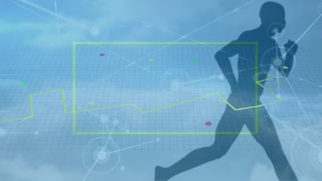 animación de iconos de computadora abstractos con la silueta de un atleta masculino corriendo en el fondo