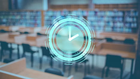 animation of clock ticking over library with desks and books on shelves