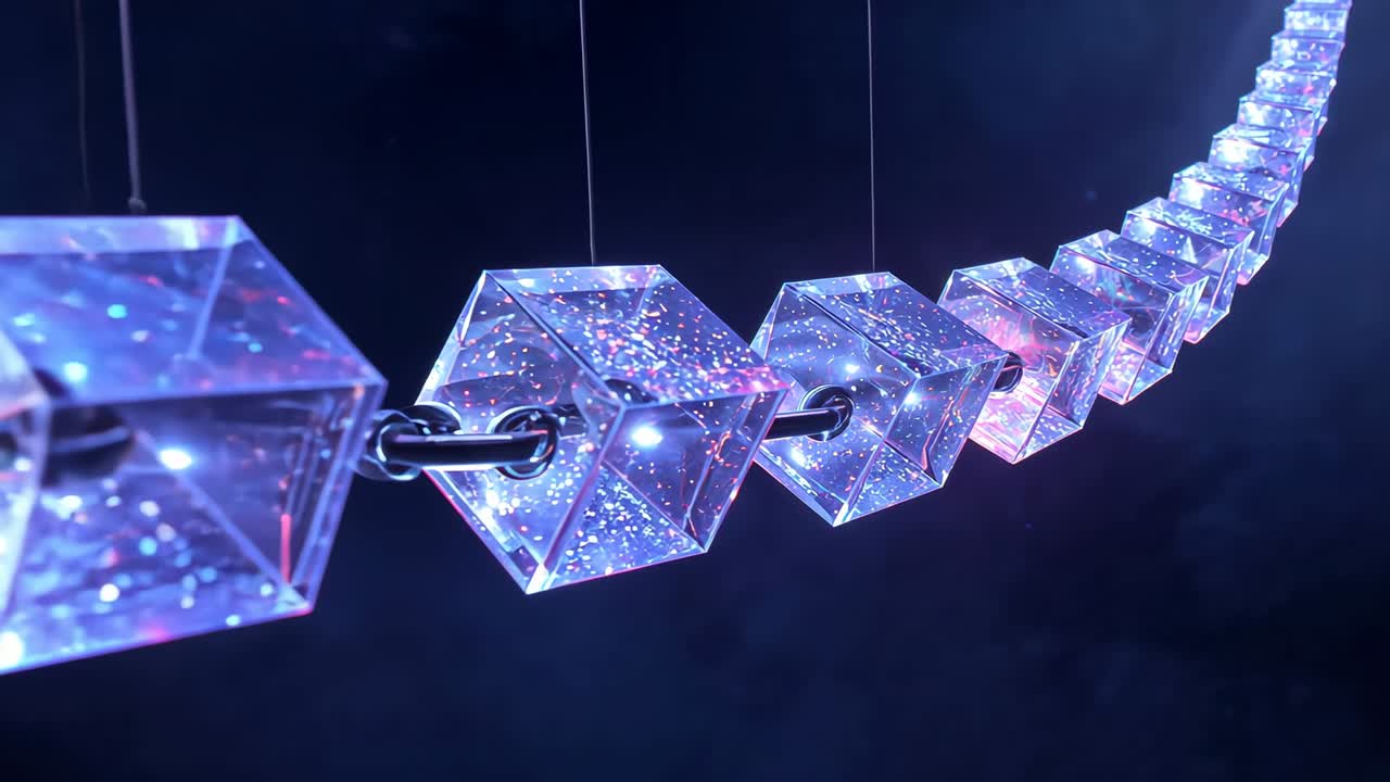 Camera starting tracking along clear cube chain on metal rods and wires in studio, revealing spark