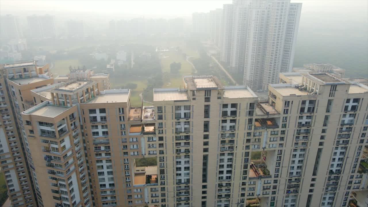 Aerial drone shot capturing a massive building site in Noida India