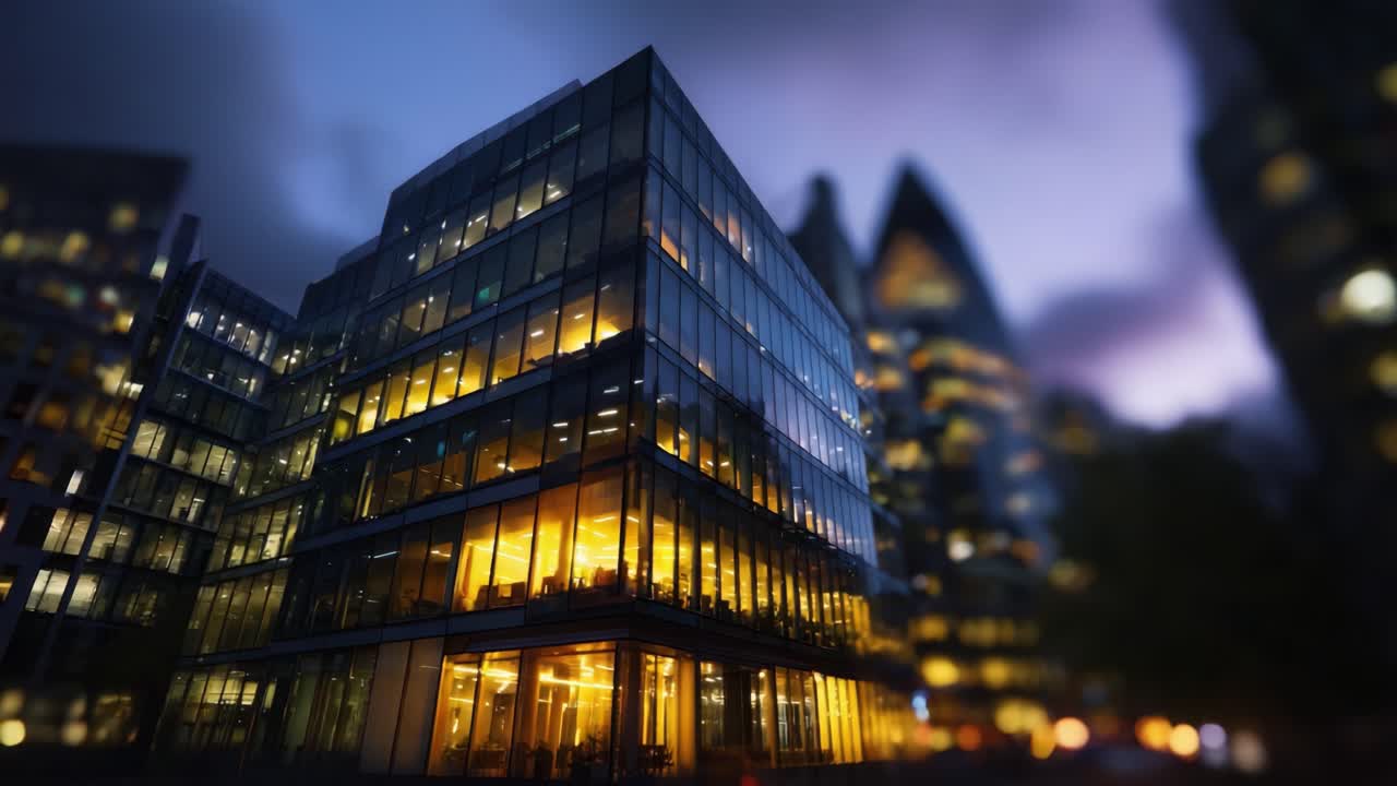 Arquitetura moderna iluminada à noite: uma fachada impressionante de estruturas de vidro urbanas refletindo a vida agitada da cidade e a energia noturna