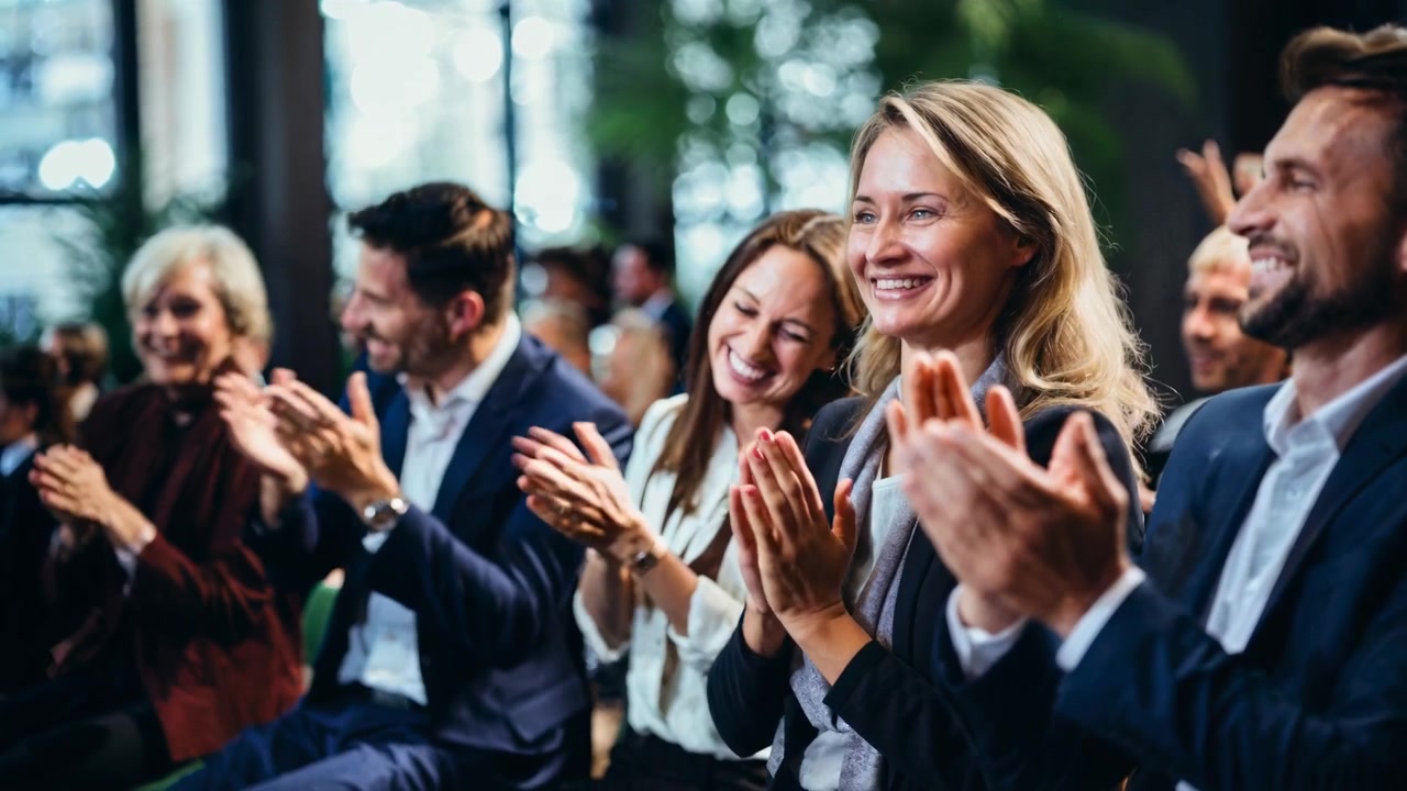 Smiling Business People Applauding at a Conference Event