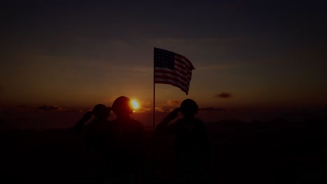 silhouette of a soldier with the american flag stands against the background of a sunset or sunrise. concept of national holidays. commemoration day