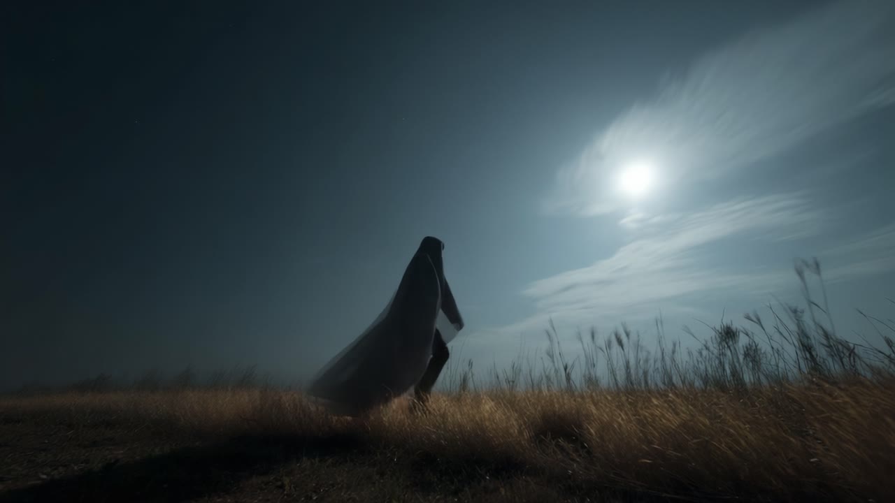 En mystisk skikkelse glir gjennom et åpent felt under en månebelyst himmel, innhyllet i skygger og fanger essensen av mystikk og naturens skjønnhet.