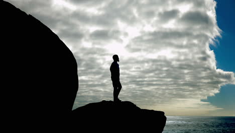silhouette of a man standing on a cliff overlooking the ocean