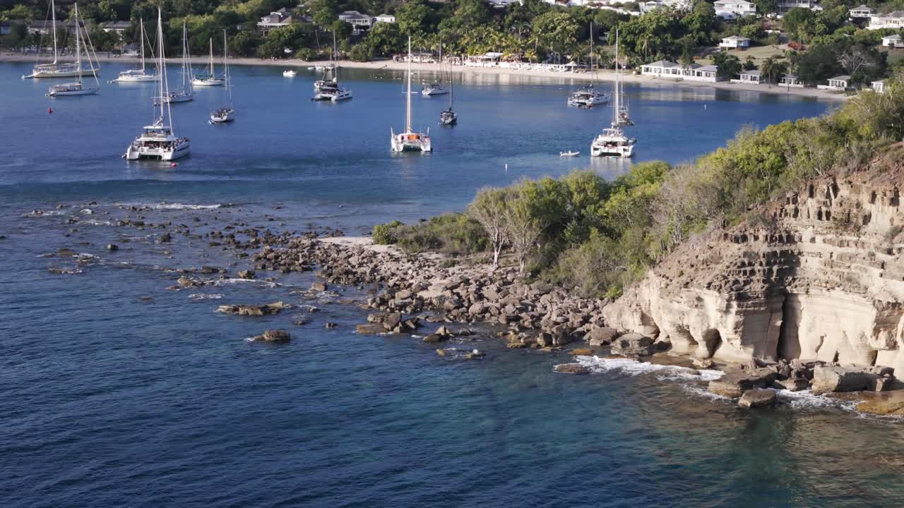 Boats And Yachts Around Pillars Of Hercules In Antigua and Barbuda. drone shot