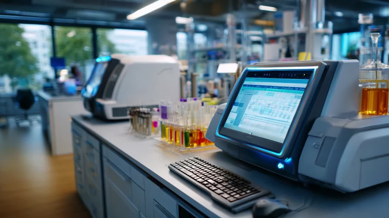 A modern laboratory environment featuring advanced analytical equipment with a computer displaying data analysis, surrounded by various test tubes and samples, showcasing the precision and technology in scientific research
