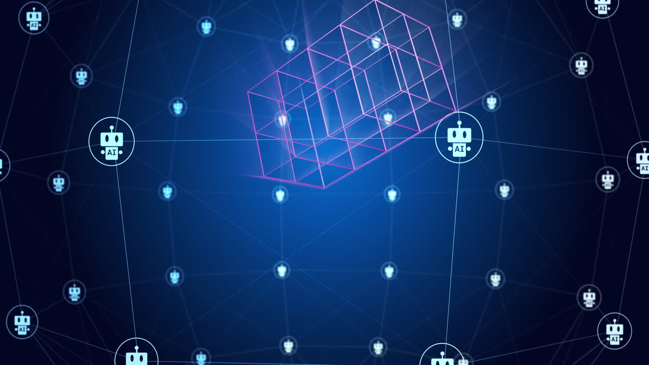 Animation of ai text and icon, data processing over networks