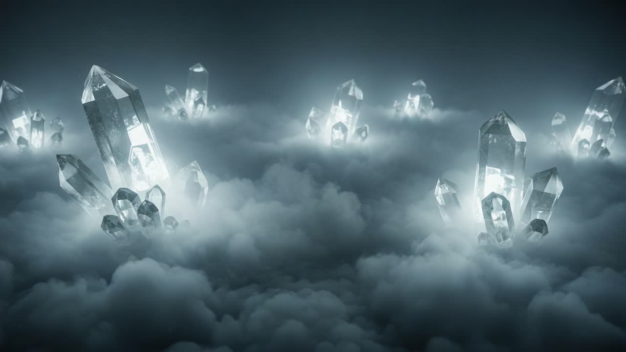 A Mystical Landscape of Shimmering Crystals Emerging from Ethereal Clouds, Capturing the Enchanting Beauty of Nature's Finest Gems in a Dreamlike Environment
