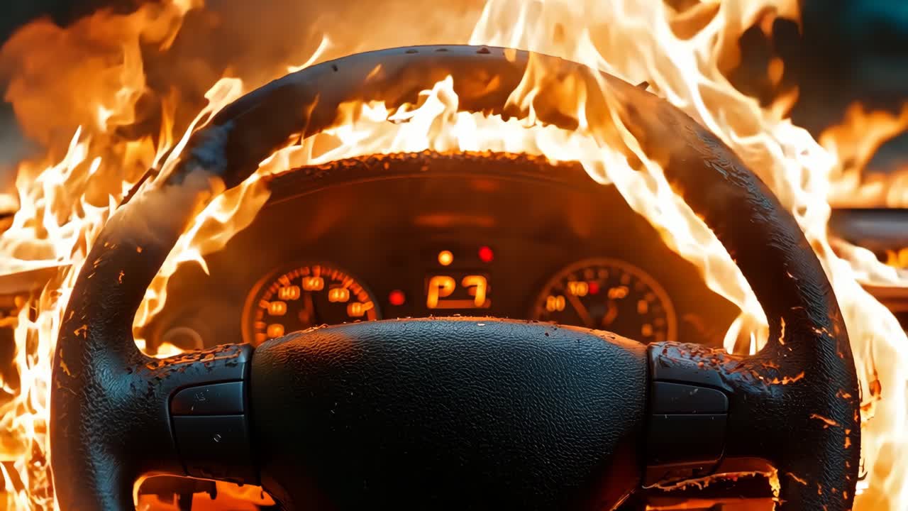 un coche está envuelto por llamas en el tablero de instrumentos