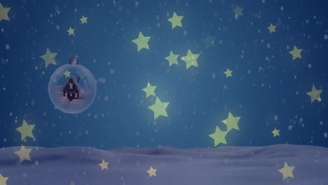 Animación-De-Estrellas-Cayendo-Sobre-Adornos-Navideños-En-Un-Paisaje-Invernal.