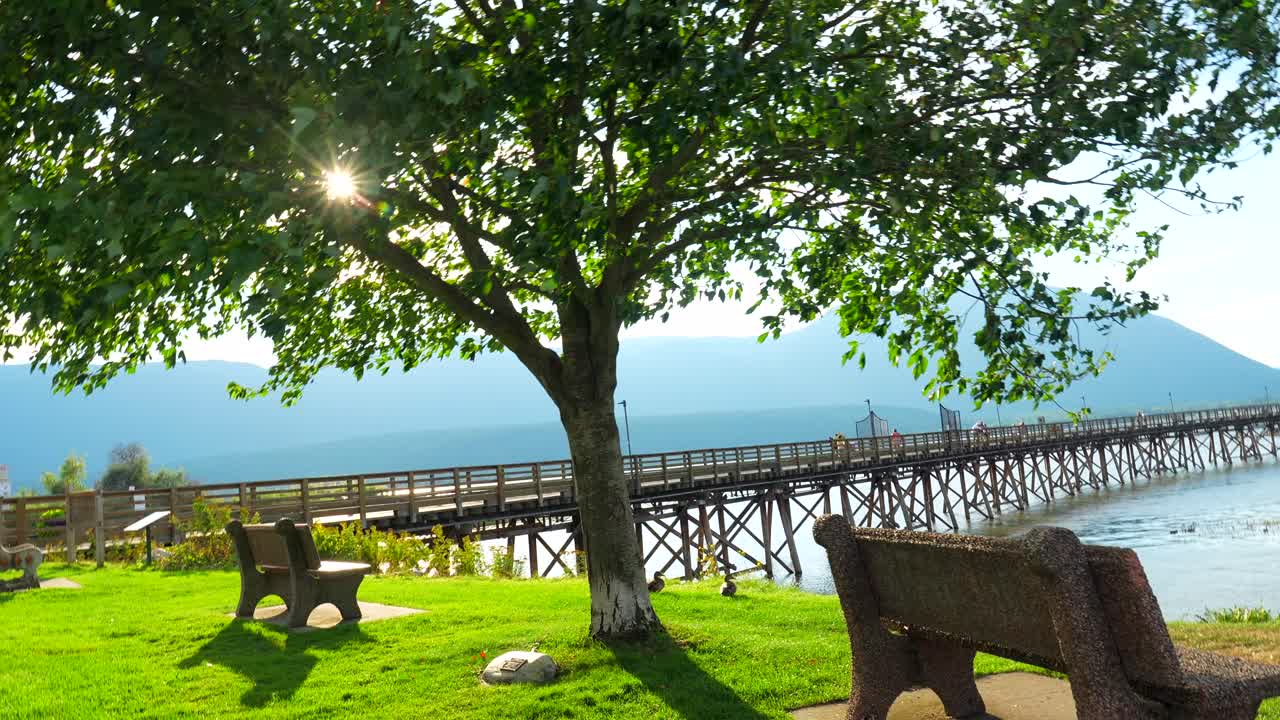 Scenic view of a pier on a lake with mountains in the background