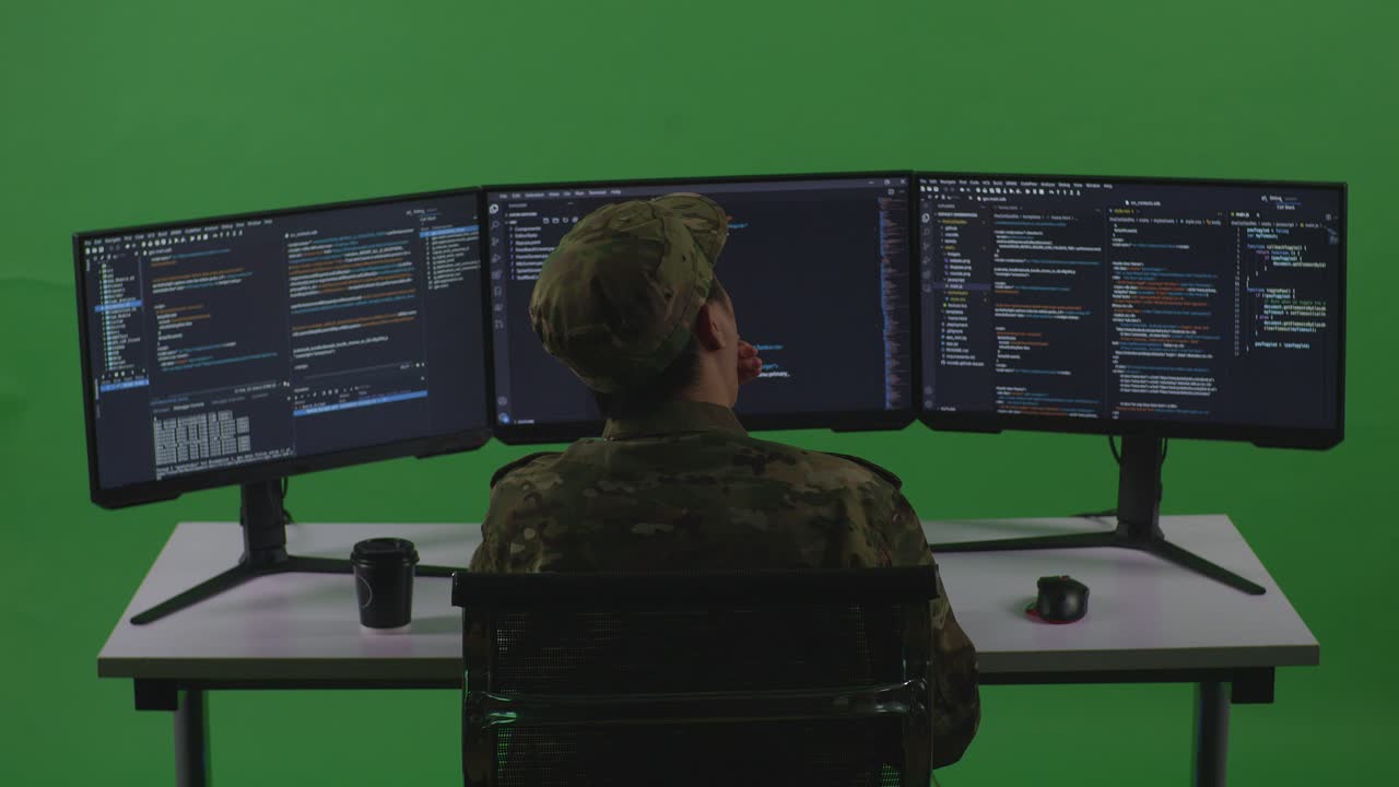 Back View Of Tired Asian Man Soldier Developer Yawning While Write Code With Multiple Computer Screens In Green Screen Studio