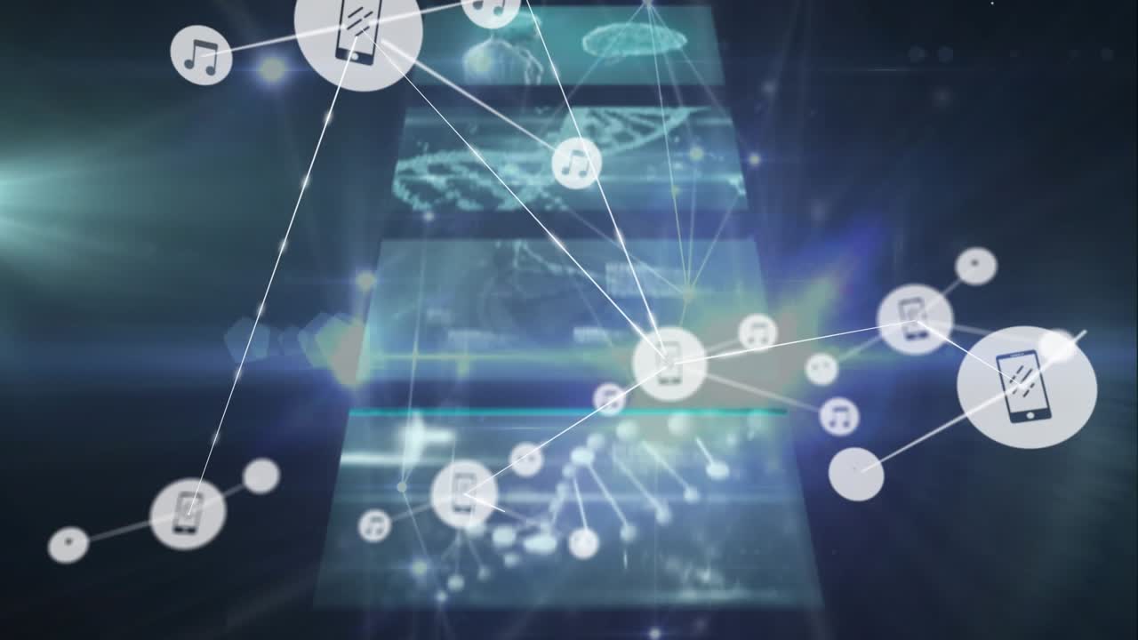 Network of digital icons and data processing against composition and man wearing vr headset