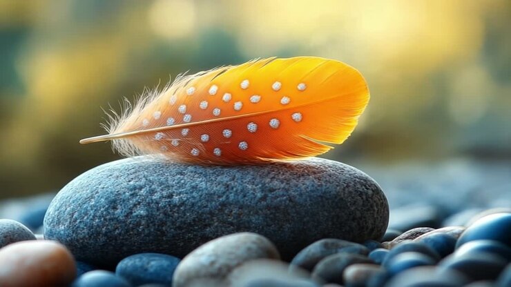 Colorful feather resting on a stone. A vibrant orange feather with white spots rests gently on a smooth stone, illuminated by soft natural light.