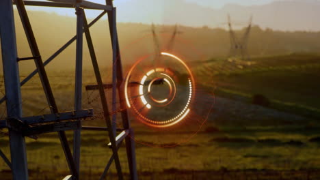 animación digital del objetivo sobre líneas eléctricas y paisaje