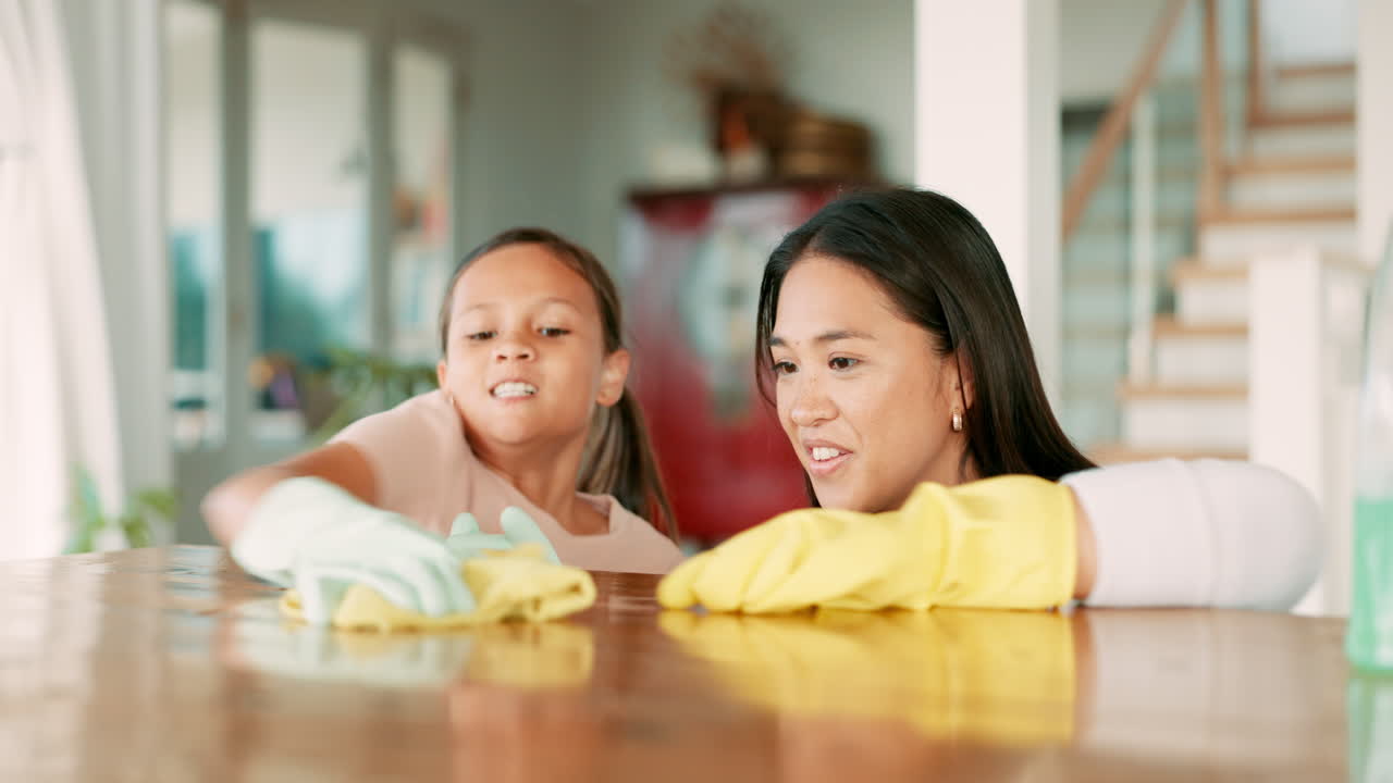 테이블, 청소 및 여자 아이와 함께 어머니