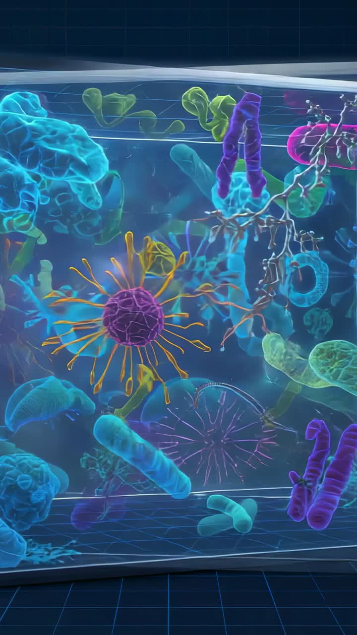 Video verticale: movimento orizzontale della camera che riprende un microbo che fluttua all'interno di una vasca, mostrando sfere appuntite e bastoncelli