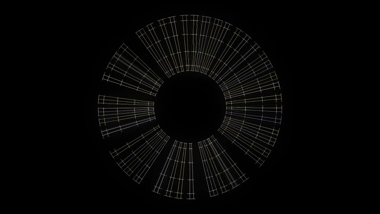 cuadros de rayos transparentes rotativos abstractos en fondo negro, bucle sin costuras. animación. cuchillas giratorias relucientes alrededor de circo negro aumentando la velocidad