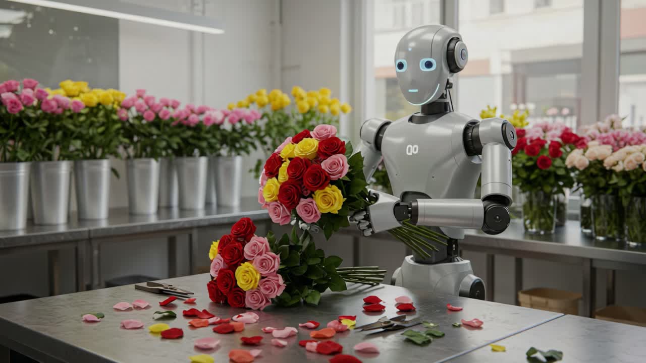 A Charming Robot Assembles Beautiful Bouquets of Roses in a Flower Shop, Showcasing a Fusion of Technology and Nature in Floral Arrangement
