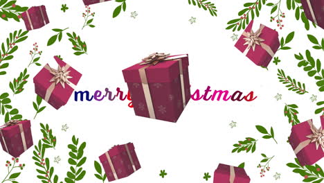 animación de texto de feliz navidad, nieve cayendo sobre los regalos