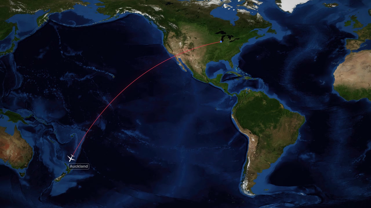 Animated World Map Showing Flight Path from Chicago to Auckland