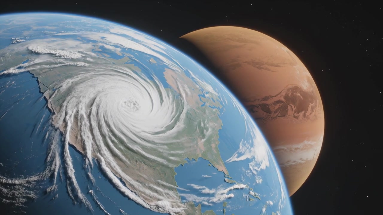 Rotating Earth cloud spiral growing over North America from motion seen in space view, showing Mars