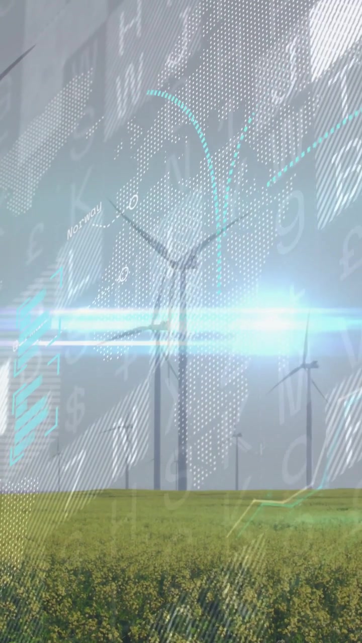 Video verticale: Un bagliore che si sovrappone e si muove attraverso le turbine all'orizzonte in un campo giallo, mostrando dati.