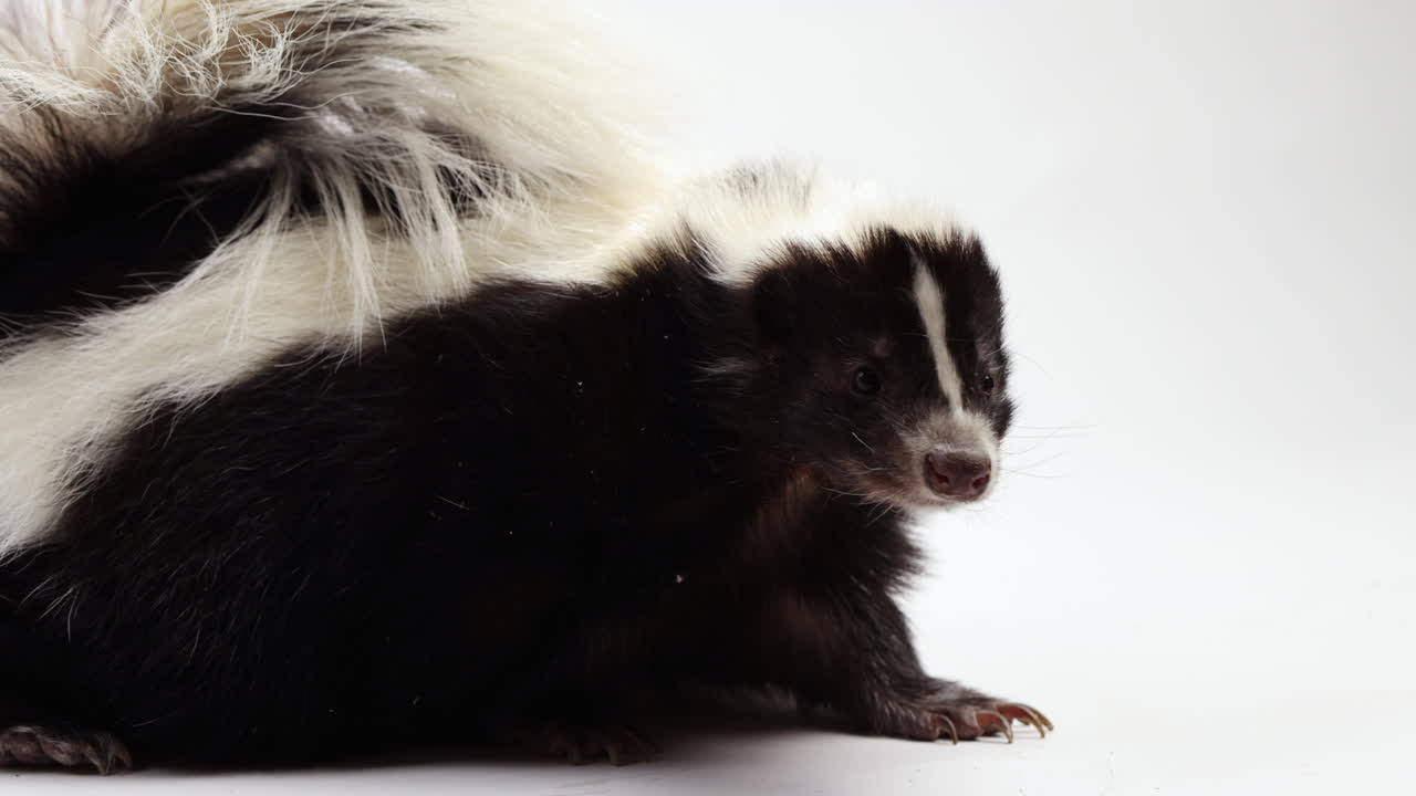 skunk mira hacia la cámara - aislado sobre fondo blanco.