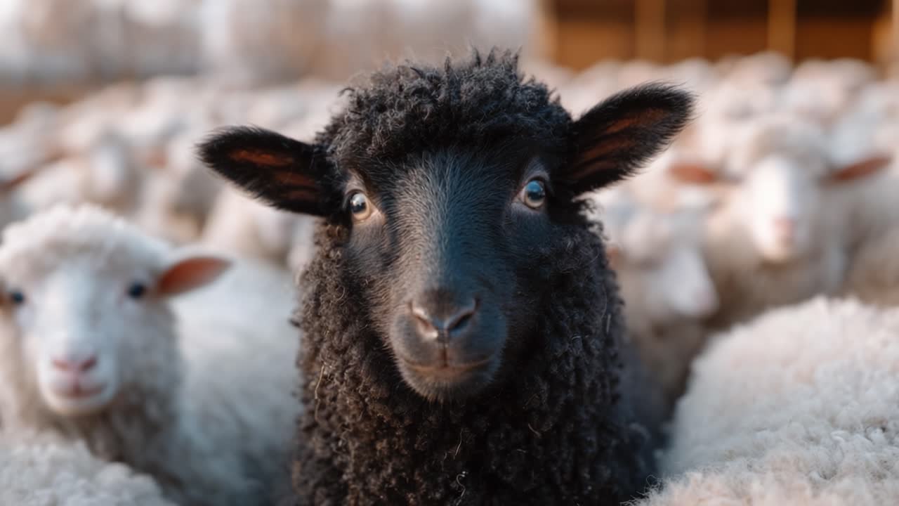 A striking black sheep stands prominently in the foreground amidst a flock of white sheep, showcasing its unique features and calm demeanor in a serene farming environment