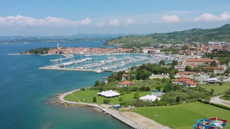 Aerial-view-of-the-sports-marina-of-the-Slovenian-town-of-Izola-on-the-coast-of-the-Adriatic-sea