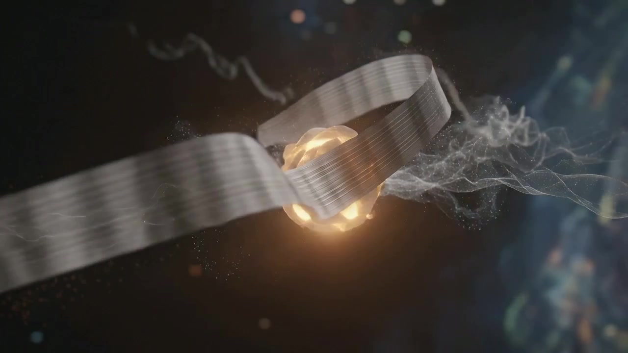Tightening metallic ribbon looping to encircle amber core in nebula, filaments breaking into sparks