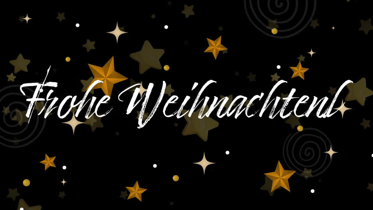 Animation von Text 'Frohe Weihnachten' und fallenden Sternen auf schwarzem Hintergrund