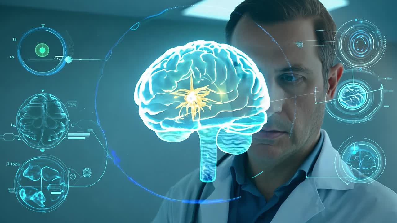 médico con holograma de escaneo cerebral