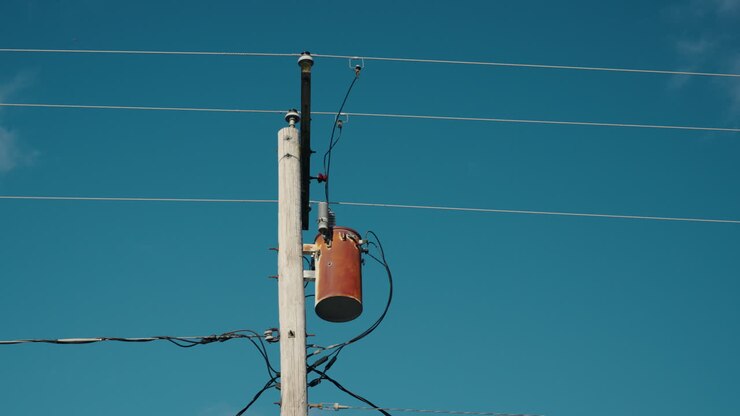 Wooden utility pole with transformer and power lines against clear blue sky, electrical infrastructure in outdoor environment